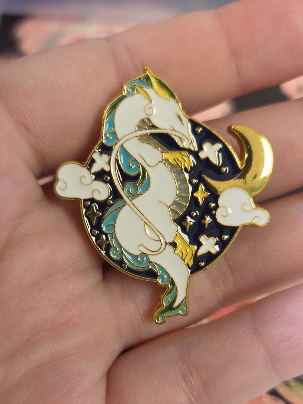 White and Teal Enamel Dragon Moon Brooch with Gold Accents